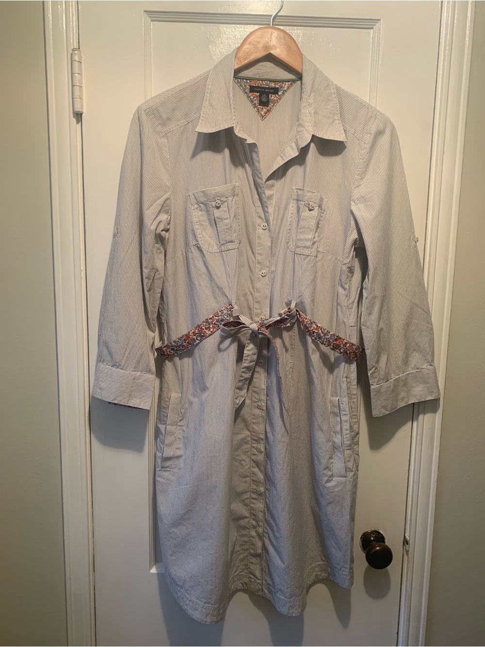 Tommy Hilfiger Blue and White Pinstriped Shirt Dress with Floral Cuffs & Belt L